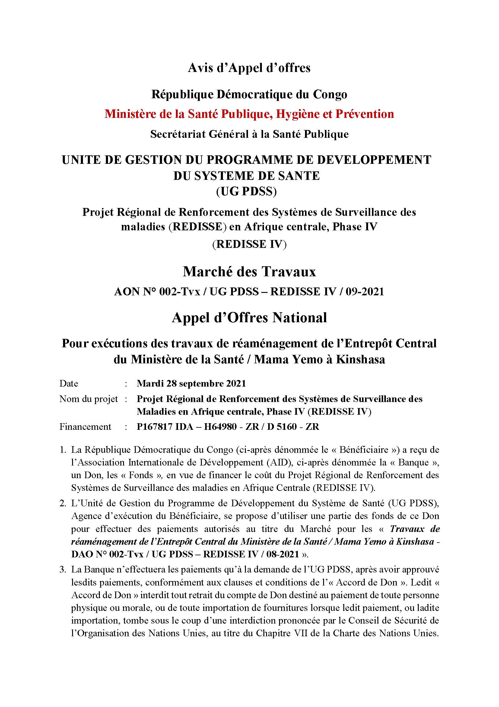 Appel d'offres National pour Exécutions des Travaux de Réaménagement de l'Entrepôt Central du Ministère de la Santé / Mama Yemo à Kinshasa