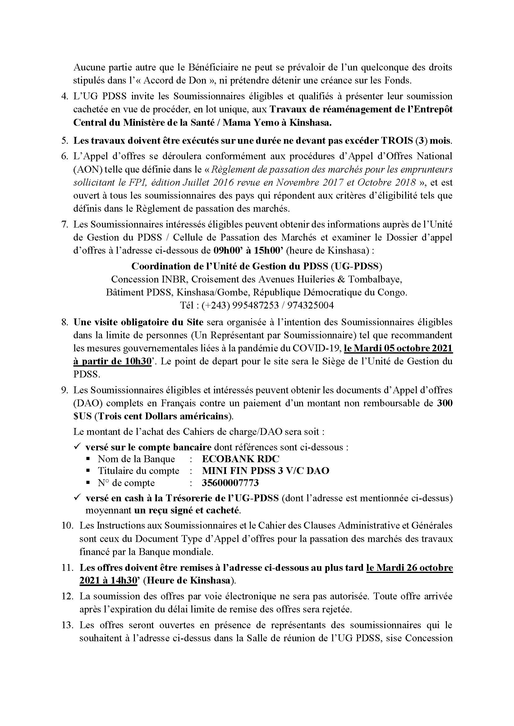 Appel d'offres National pour Exécutions des Travaux de Réaménagement de l'Entrepôt Central du Ministère de la Santé / Mama Yemo à Kinshasa