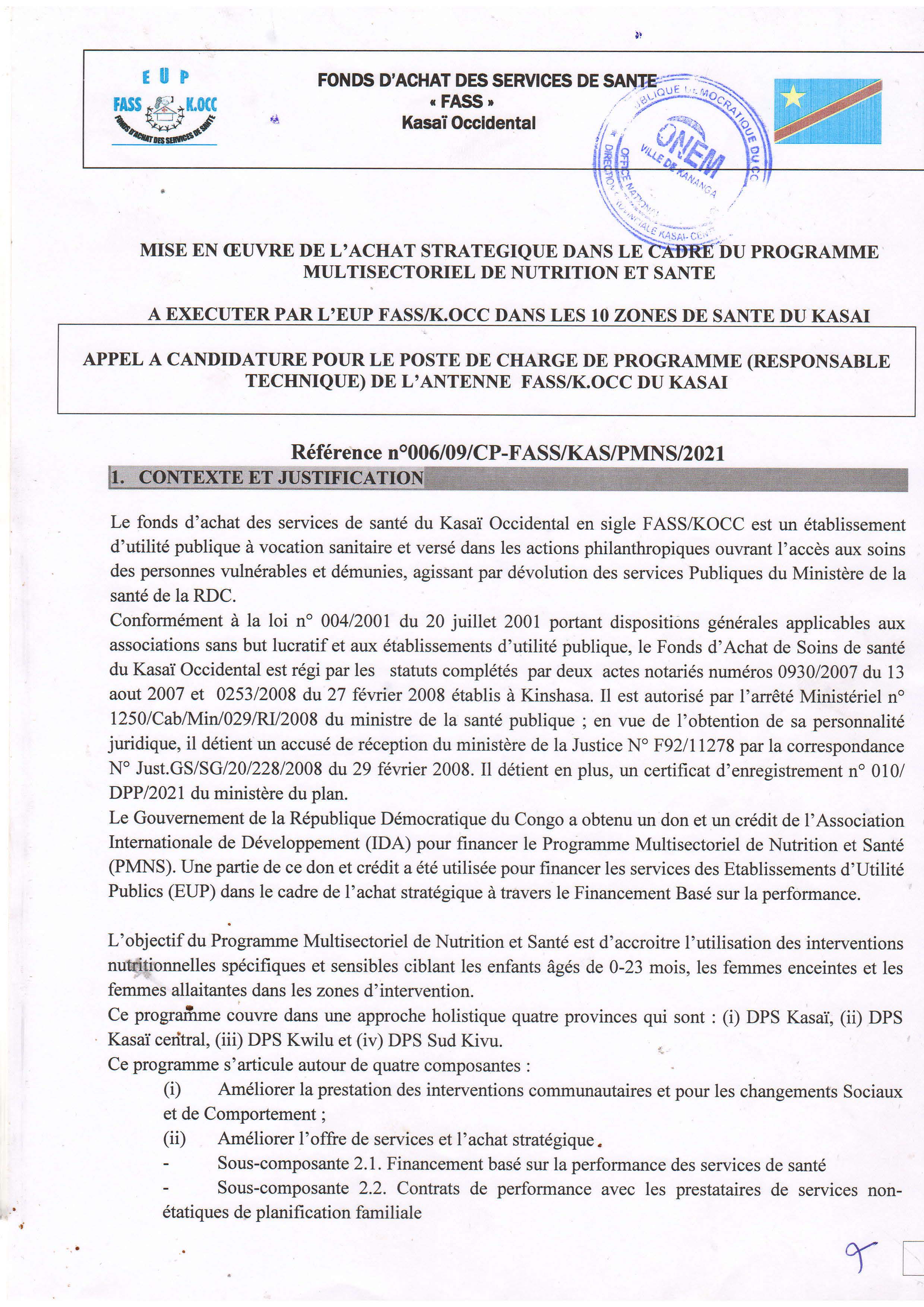 Appel à Candidature pour le poste de Chargé de Programme (Responsable Technique) de l'Antenne FASS/K.OCC Du Kasaï