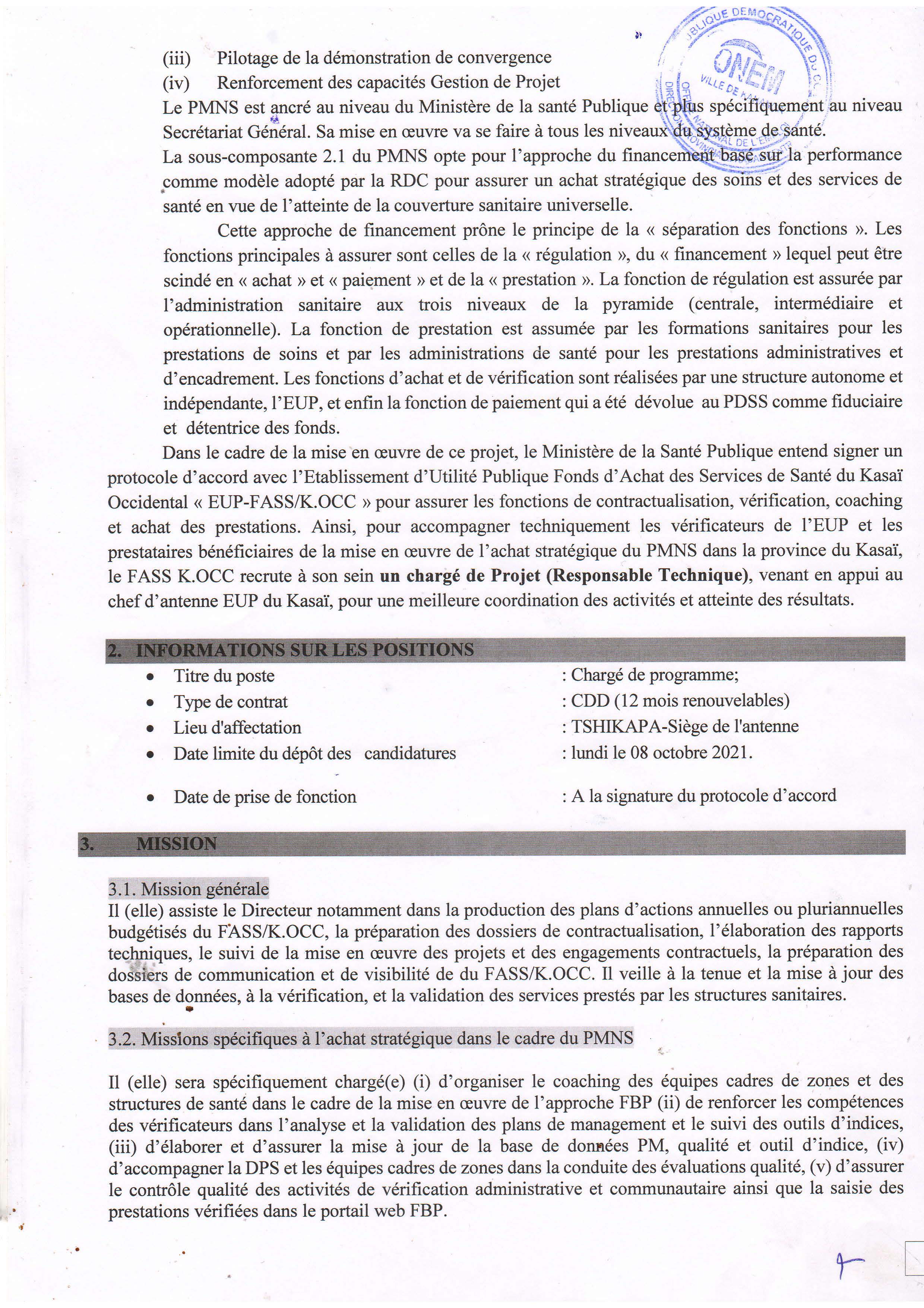 Appel à Candidature pour le poste de Chargé de Programme (Responsable Technique) de l'Antenne FASS/K.OCC Du Kasaï