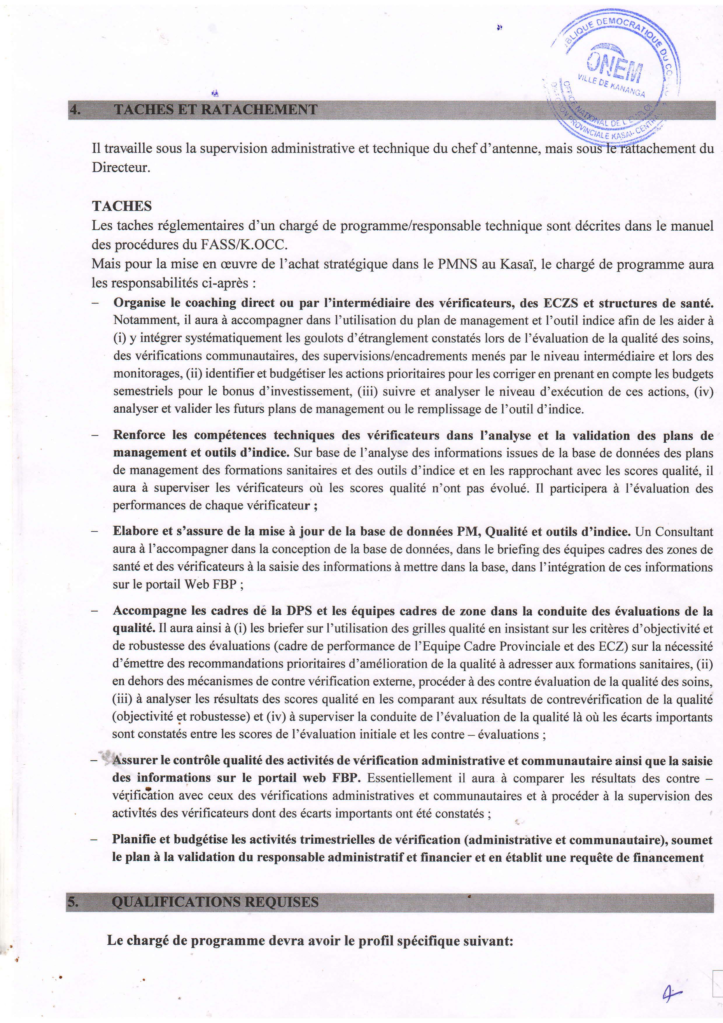 Appel à Candidature pour le poste de Chargé de Programme (Responsable Technique) de l'Antenne FASS/K.OCC Du Kasaï