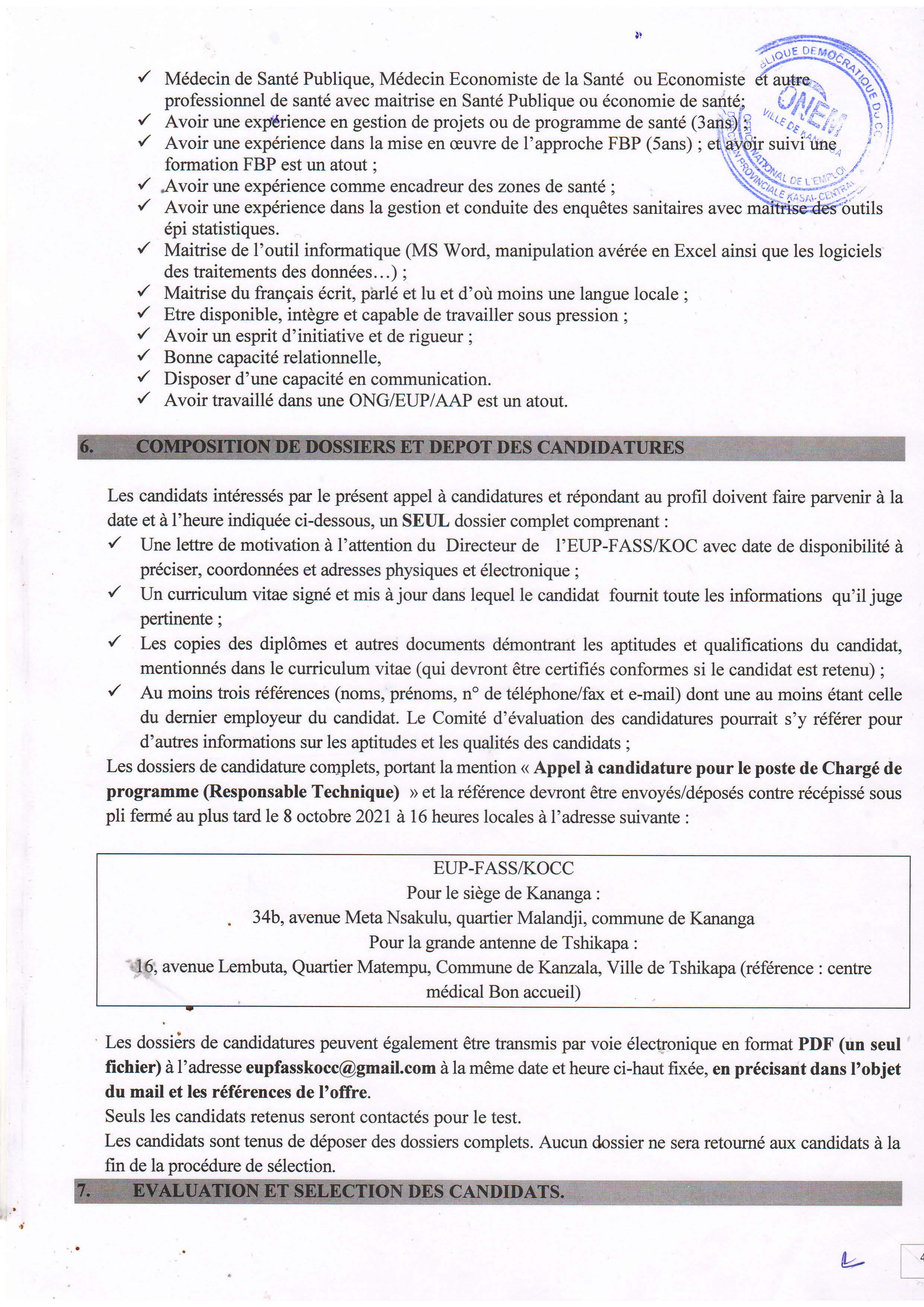 Appel à Candidature pour le poste de Chargé de Programme (Responsable Technique) de l'Antenne FASS/K.OCC Du Kasaï