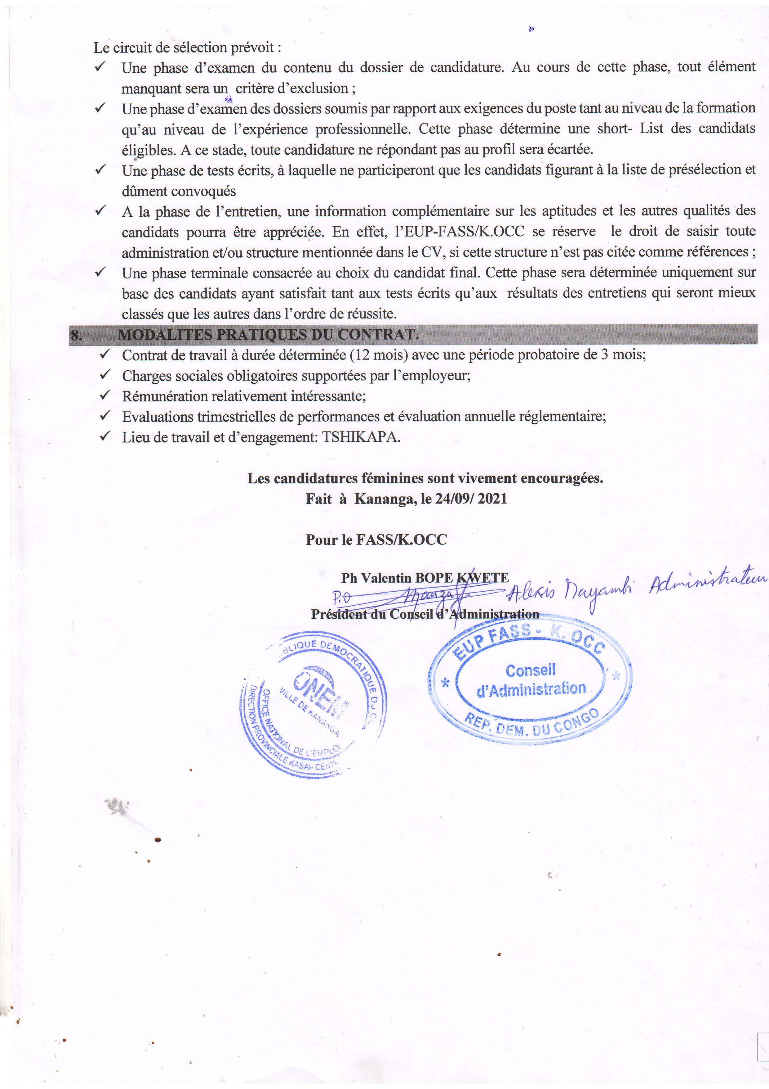 Appel à Candidature pour le poste de Chargé de Programme (Responsable Technique) de l'Antenne FASS/K.OCC Du Kasaï