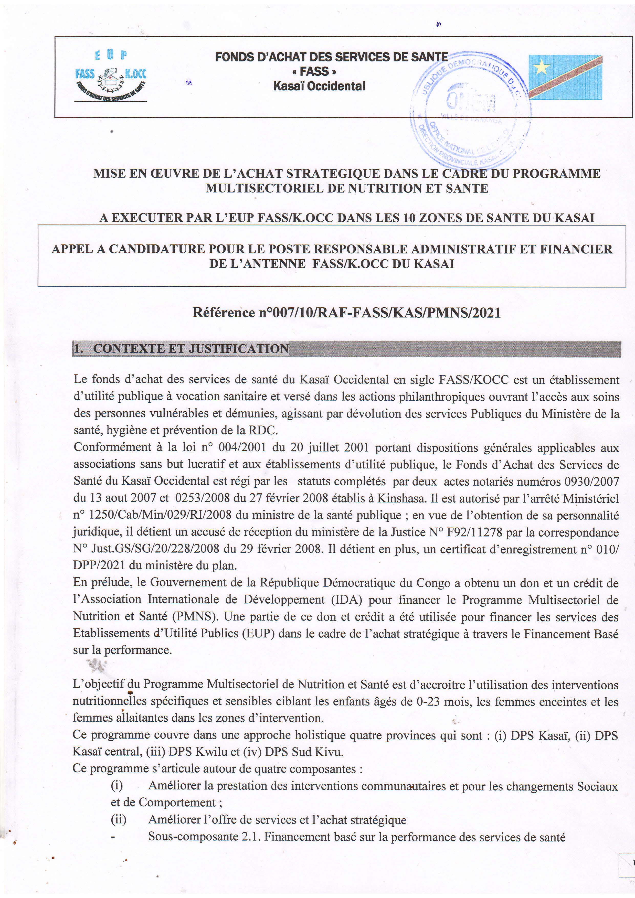 Appel à candidature pour le poste Responsable Administratif et Financier de l'Antenne FASS/K.OCC du Kasaï
