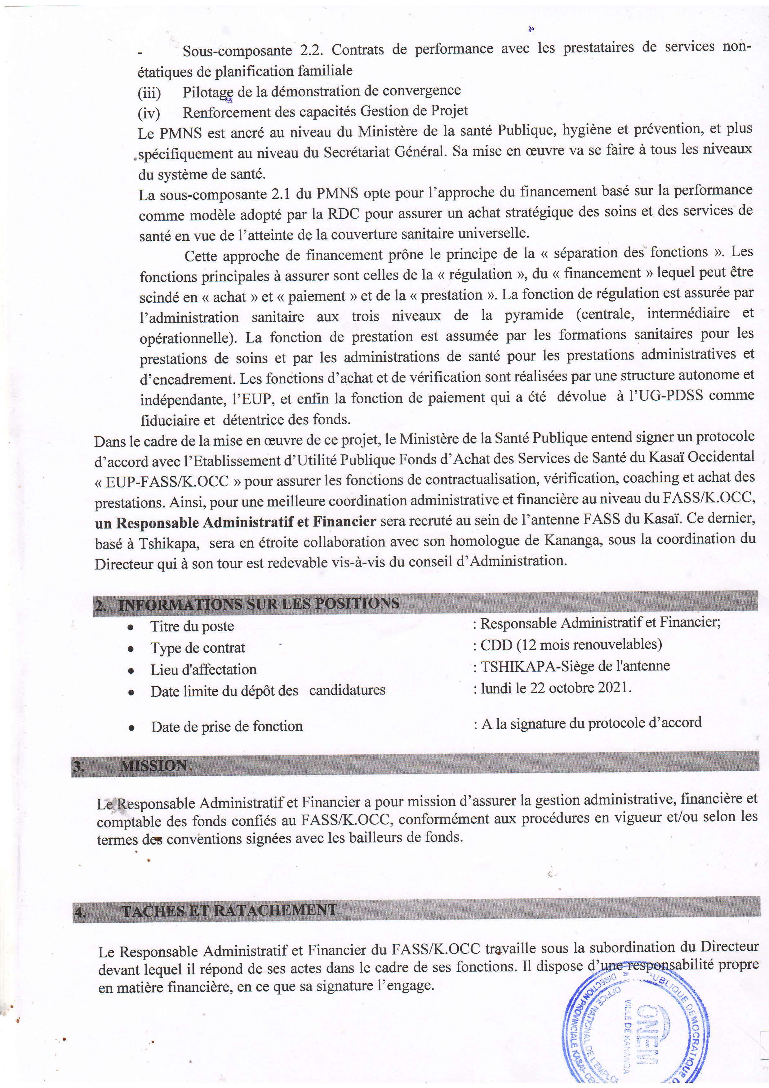 Appel à candidature pour le poste Responsable Administratif et Financier de l'Antenne FASS/K.OCC du Kasaï