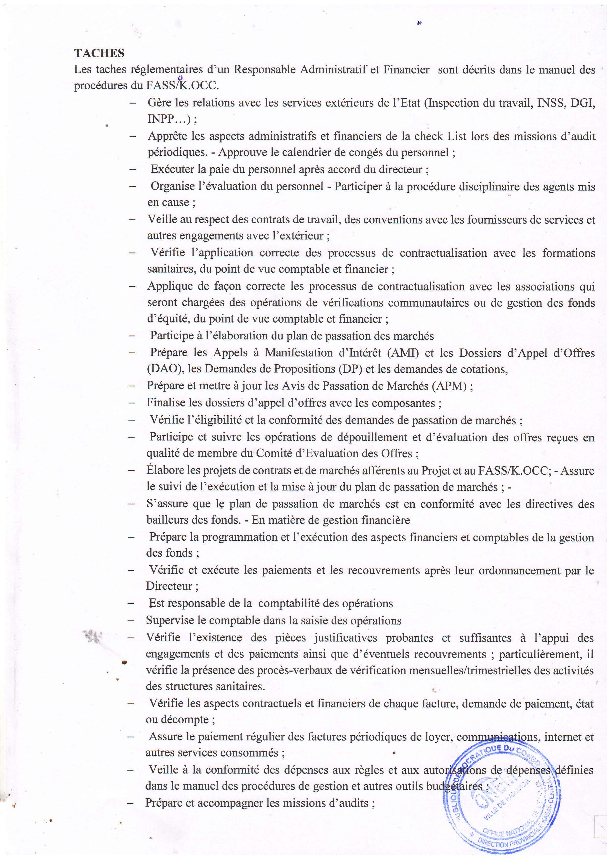 Appel à candidature pour le poste Responsable Administratif et Financier de l'Antenne FASS/K.OCC du Kasaï