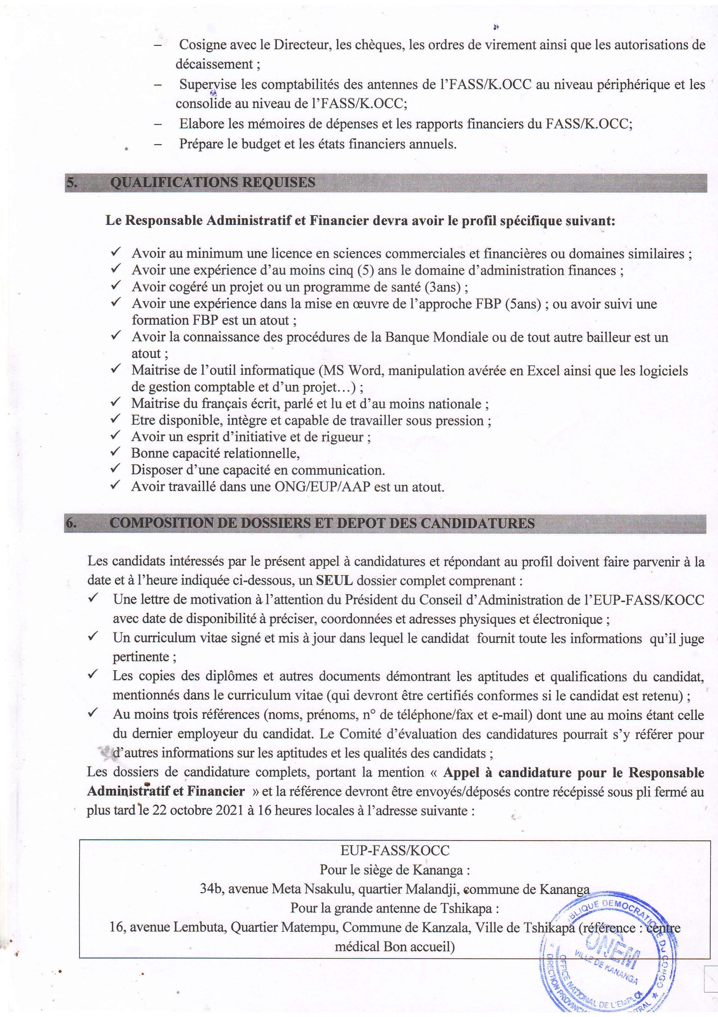 Appel à candidature pour le poste Responsable Administratif et Financier de l'Antenne FASS/K.OCC du Kasaï